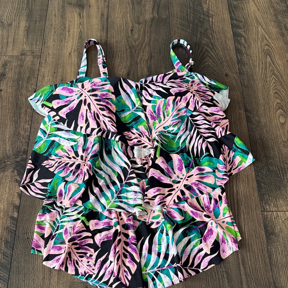 Women’s Tropical Print Ruffle Tankini Top - Pink & Green